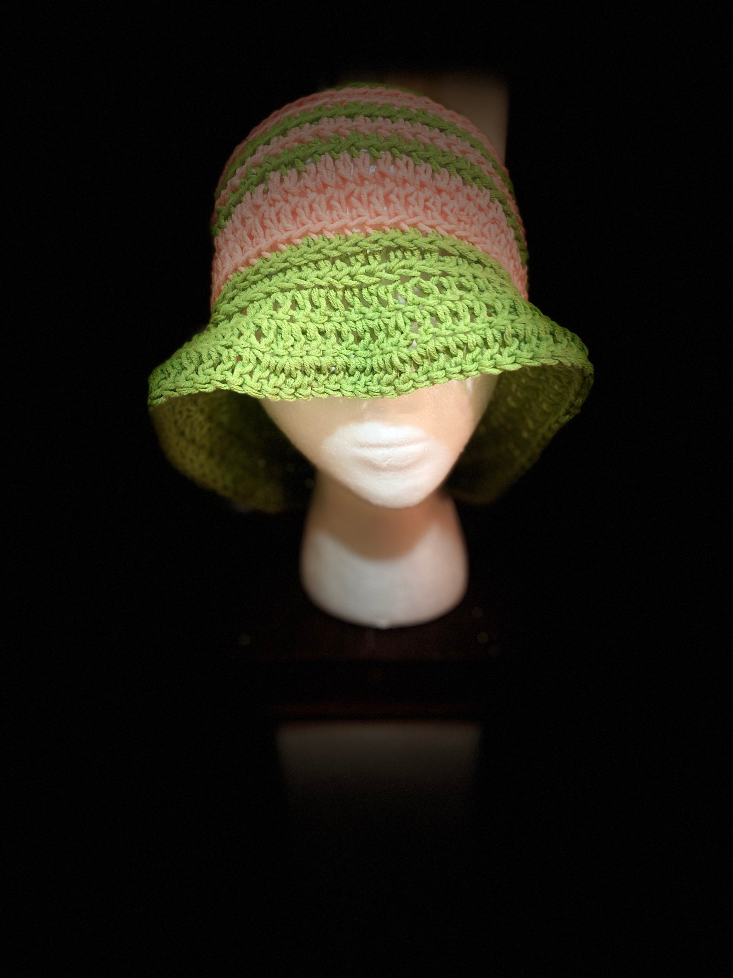 Bucket Hat - Pink and Green - Gorgeous Soft, Cotton & Silk yarn - elastic in band to adjust for hair changes