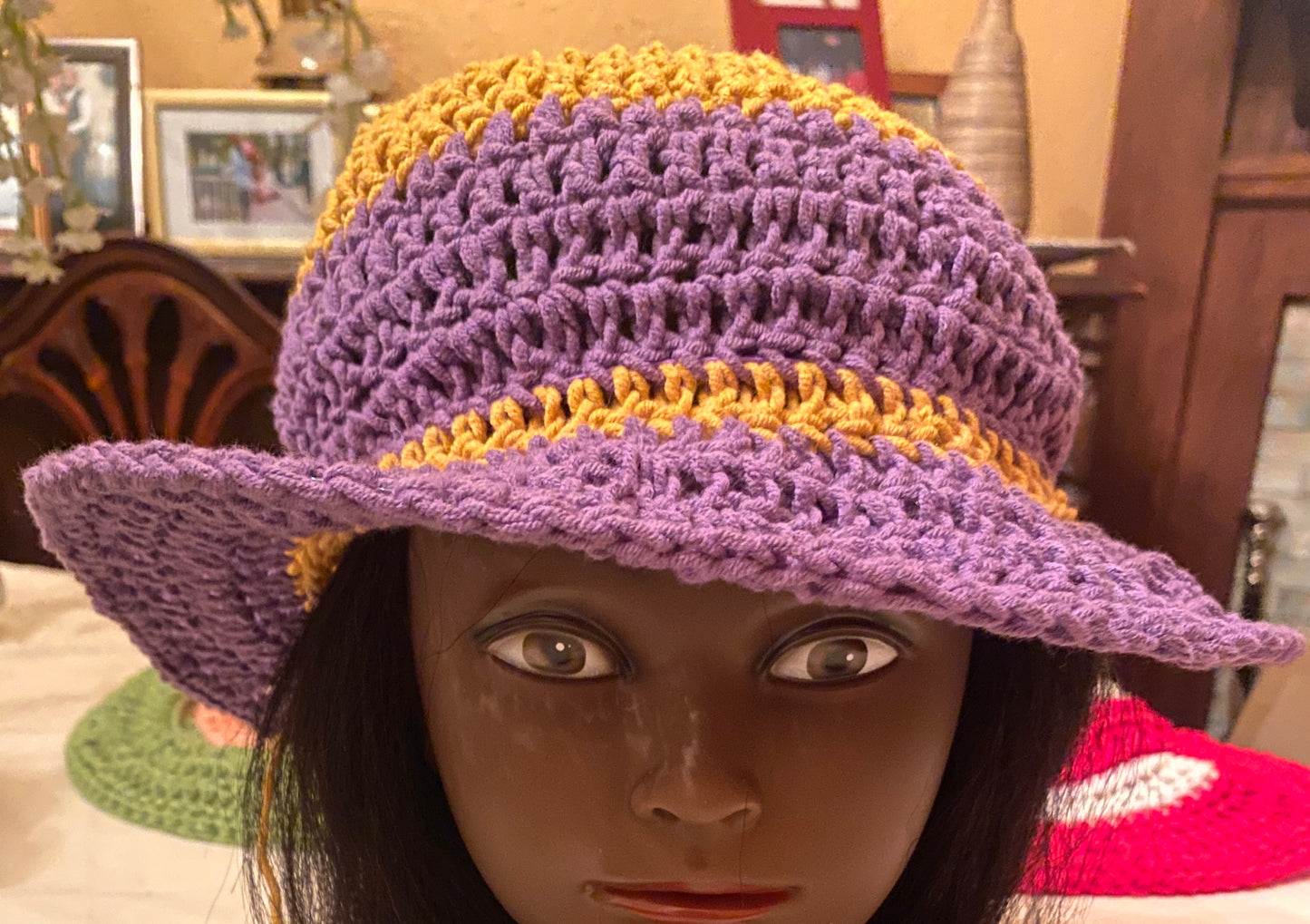 Bucket Hat - Purple and Gold - Gorgeous Soft, Cotton & Silk yarn - elastic in band to adjust for hair changes