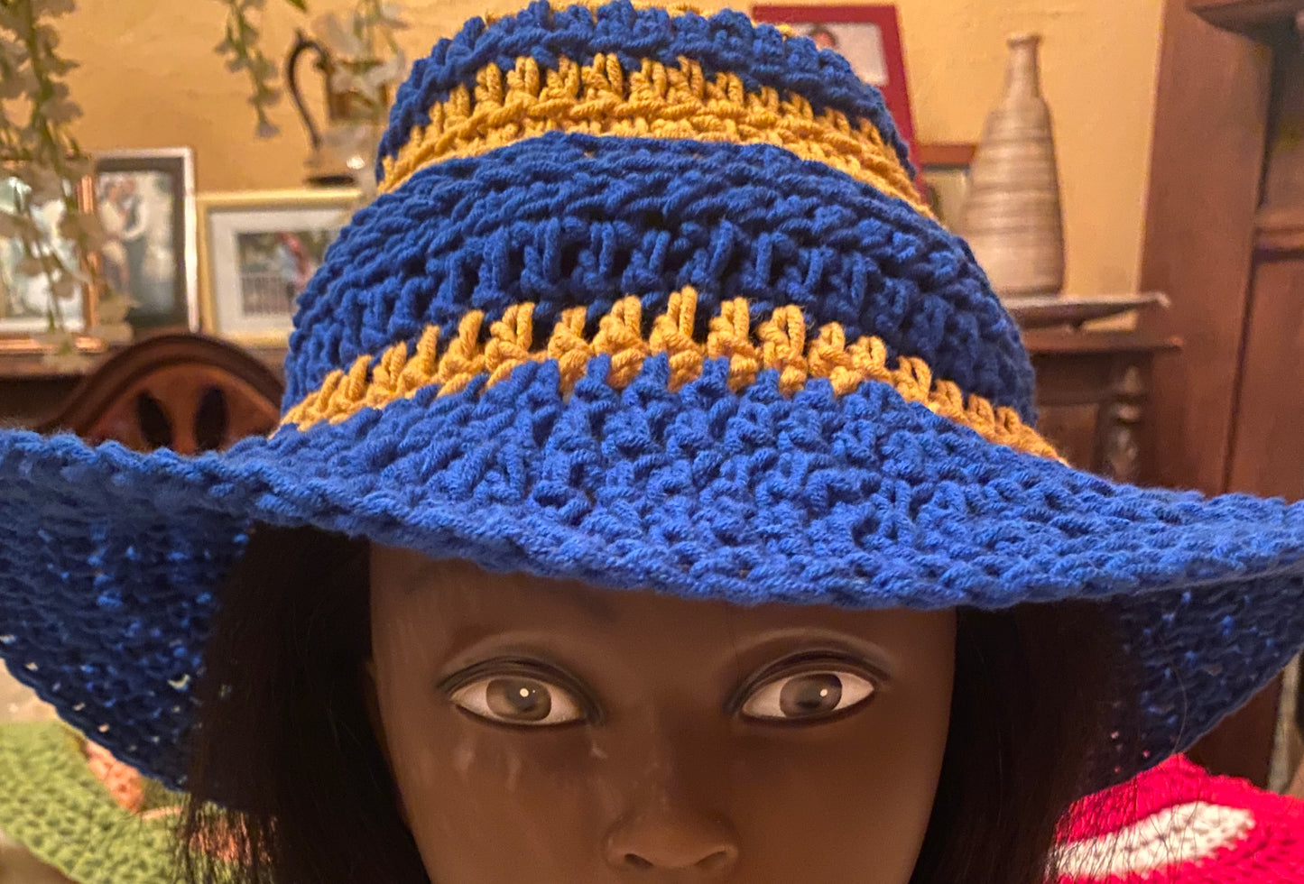 Bucket Hat - Blue and Gold - Gorgeous Soft, Cotton & Silk yarn - elastic in band to adjust for hair changes