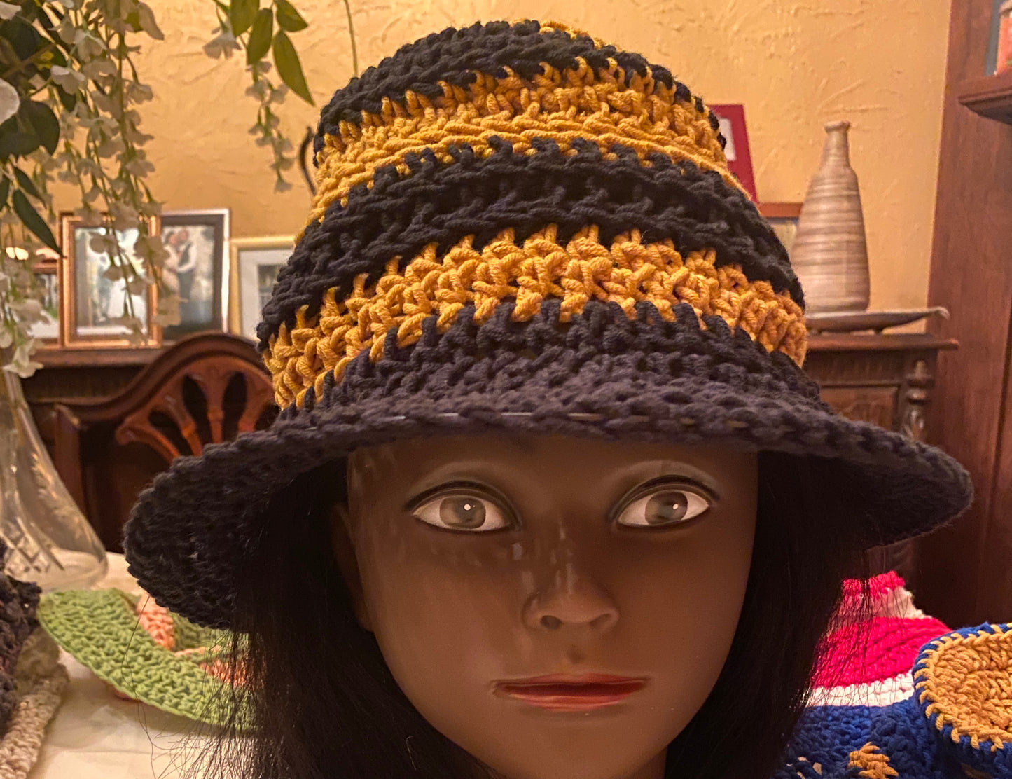 Bucket Hat - Black and Gold - https://knottodaycrochet.com › products › bucket-hat-blue-and-gold-Gorgeous-soft-cotton-silk-yarn-elastic-in-band-to-adjust-for-hair-changes