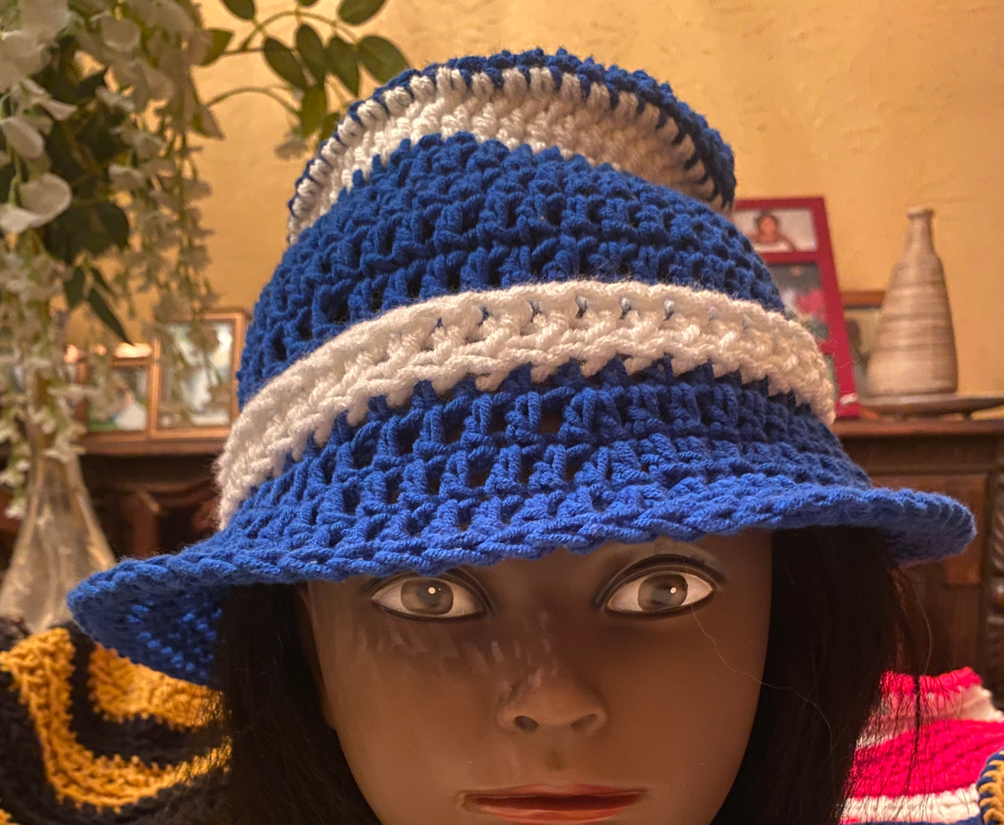 Bucket Hat - Blue and White - Gorgeous Soft, Cotton & Silk yarn - elastic in band to adjust for hair changes
