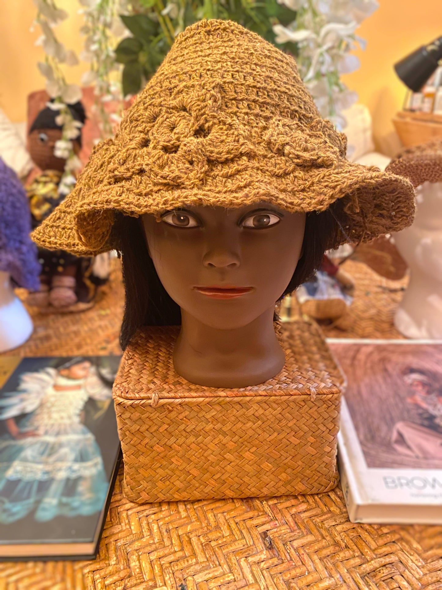 Bucket Hat - Tan with Flowers - Wool