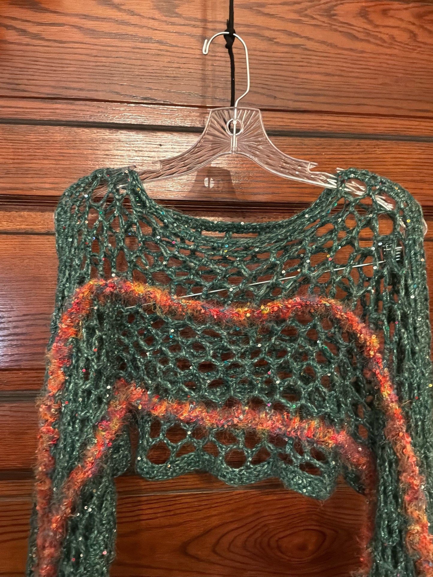 “Handmade crochet shrug with wool + subtle sparkle yarn