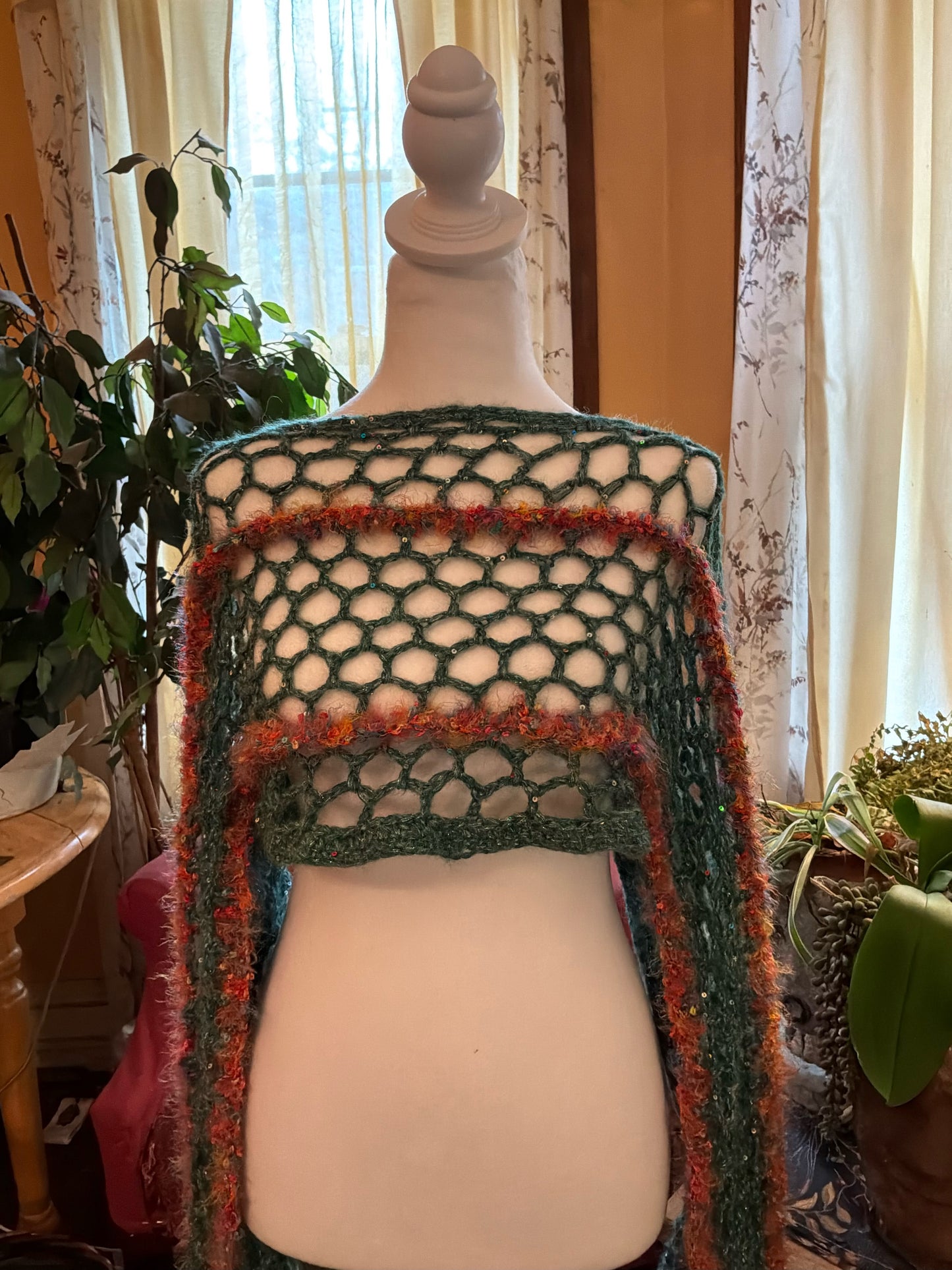“Handmade crochet shrug with wool + subtle sparkle yarn