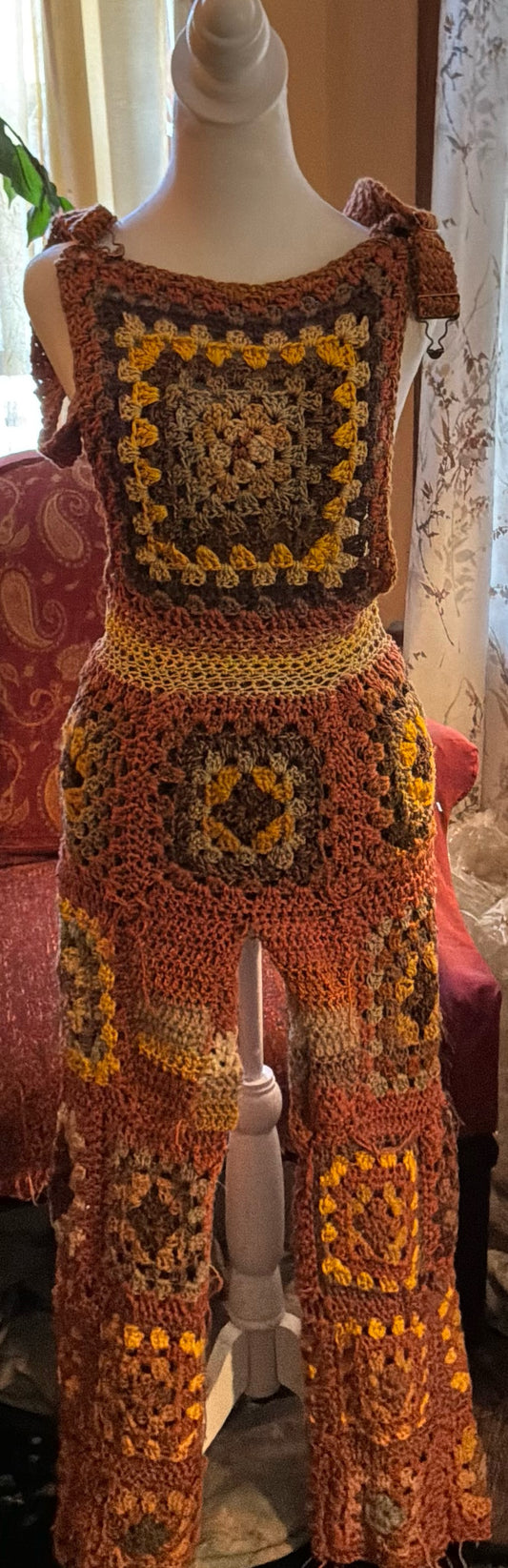 Crochet Jumpsuit - hand Made - Brown and Rust - Size Med to Lg