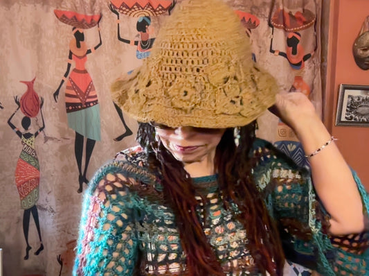 Bucket Hat - Tan with Flowers - Wool