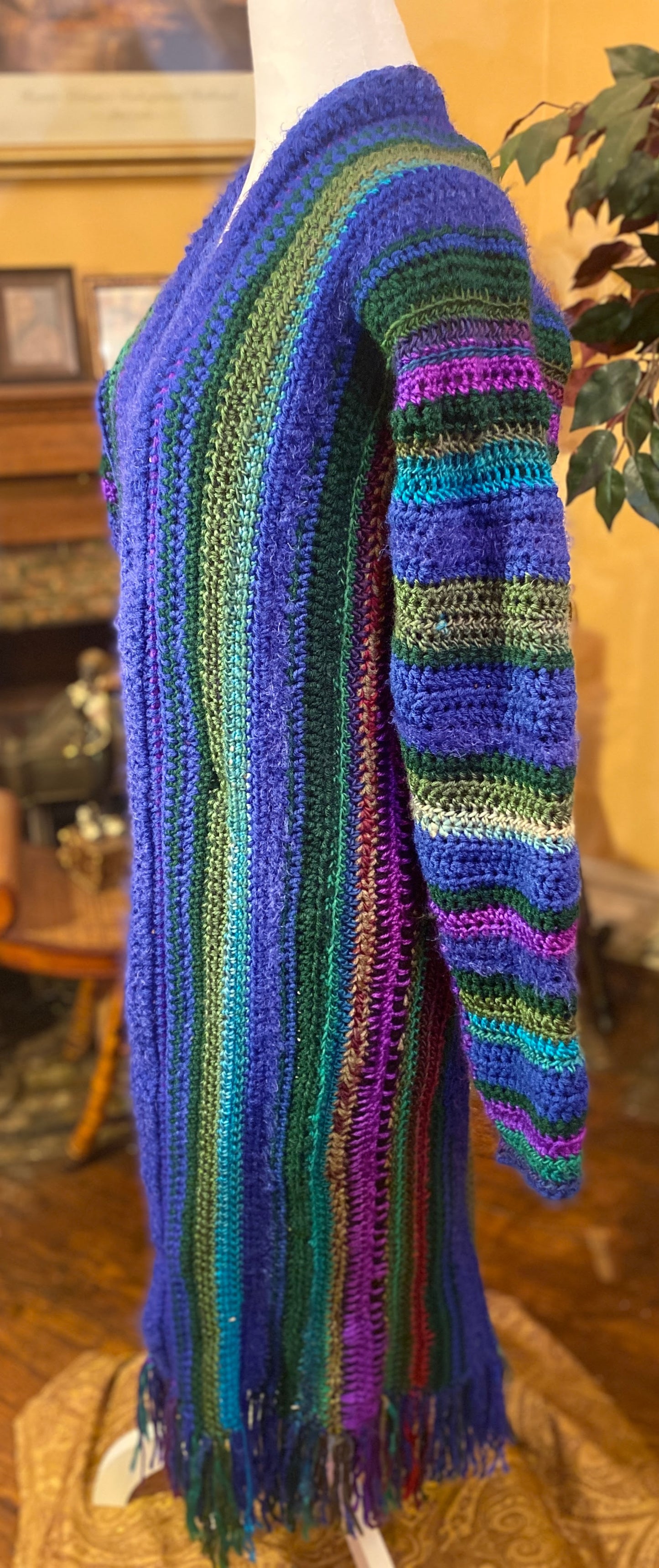 BLUE AND GREEN BLANKET OF LOVE SWEATER WITH MULTI COLORED FRINGE